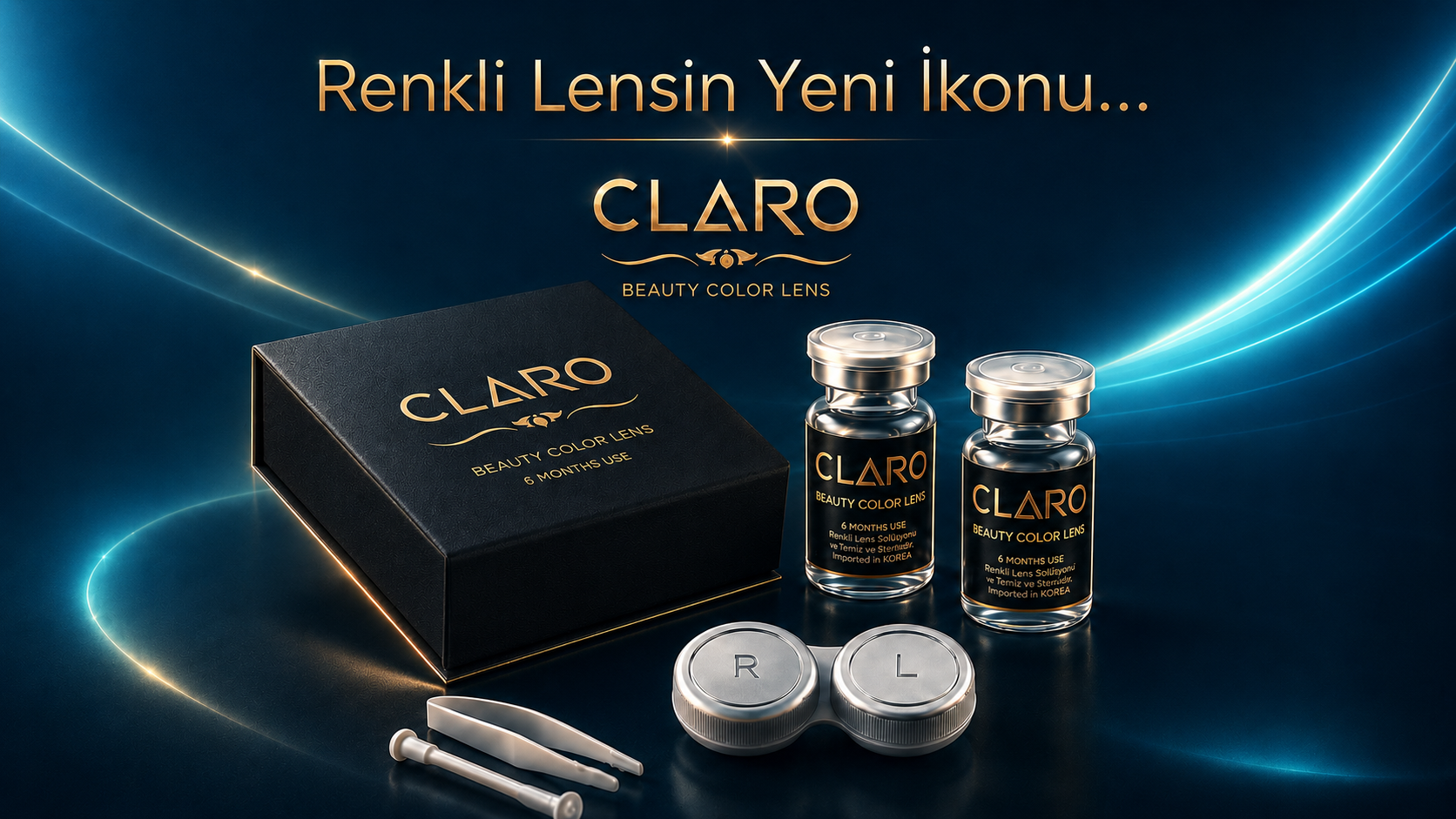 CLARO Alaska yıllık renkli lens kutusu, lens şişeleri ve lens kabı