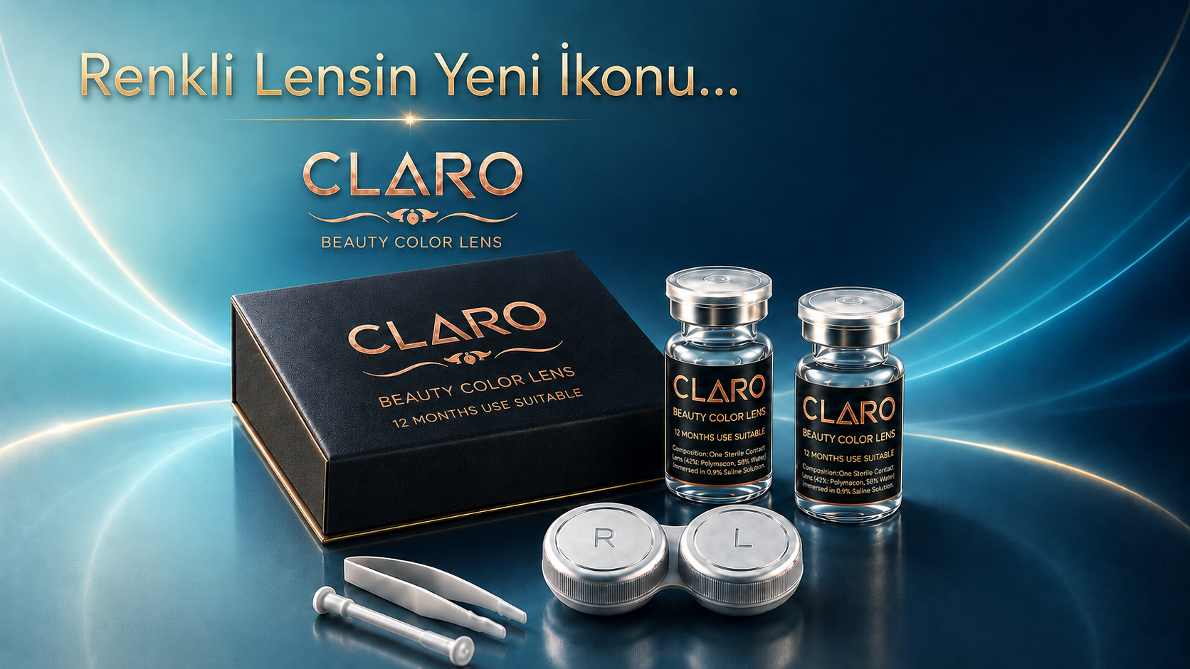 CLARO Vesta yıllık renkli lens kutusu, lens şişeleri ve lens kabı
