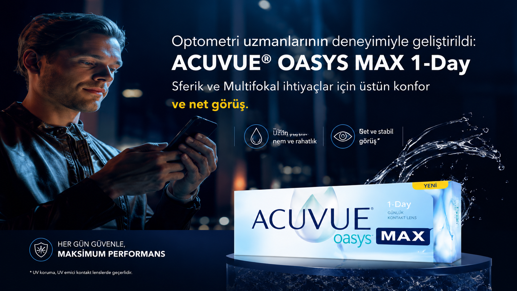 ACUVUE OASYS MAX 1-Day TEARSTABLE teknolojisi ve OptiBlue ışık filtresi